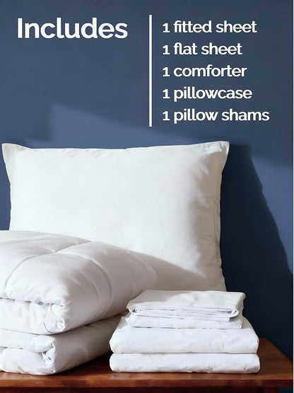 Twin Comforter Set - 5 Piece Bed in a Bag Twin Size Bed Set - Down Alternative Comforter, Flat Sheet, Fitted Sheet, Pillowcase & Sham for All Seasons - Ultra Soft, Cozy, Comfy and Breathable - White