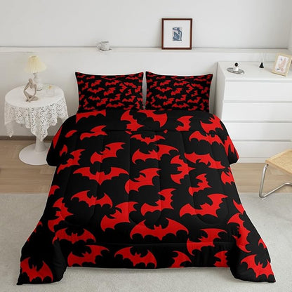 Erosebridal Red Bat King Bedding Set Halloween Bat Comforter Set Spooky Goth Gothic Animal Bed Collections Horror Halloween Duvet Quilt Sets for Kids Teens Adults