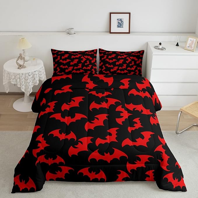 Erosebridal Red Bat Twin Bedding Sets Halloween Bat Comforter Set Spooky Goth Gothic Animal Quilt Duvet Set Horror Halloween Bedding Collections for Kids Teens Adults