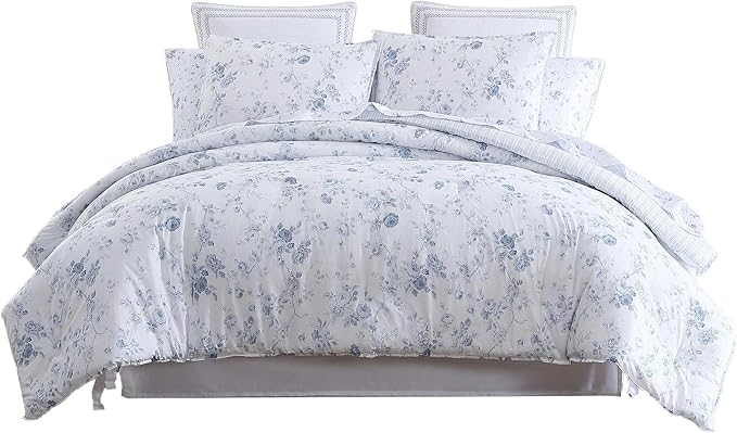 Laura Ashley - King Comforter Set, Reversible Cotton Bedding with Matching Shams, Medium Weight for Year Round Use, Oeko-Tex Certified (Belinda Blue)