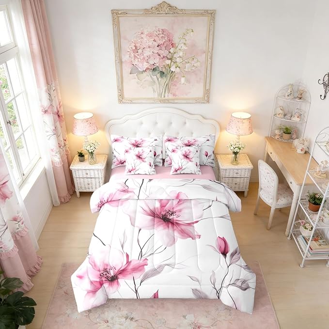Erosebridal Boho Floral King Comforter Set with Sheets, Pink Flower 7 Pcs Bedding Set for Young Women Girls Adults, Elegant Watercolor Floral Bed in A Bag, Ink Painting Style Blossom & Leaf Bed Sets