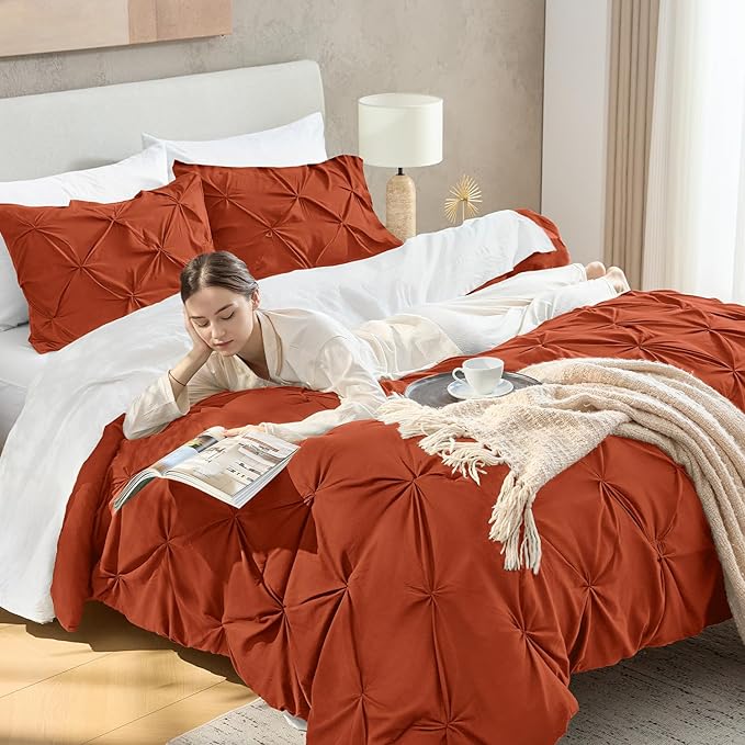 Andency Burnt Orange Queen Size Comforter Set, 3 Pieces Soft Decorative Pintuck Bedding Comforters & Sets, All Season Microfiber Lightweight Bed Set for Queen Size Bed