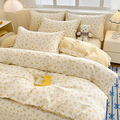 Yellow Queen Comforter Set - Orange Floral Comforter Set Queen Size, Quilt Bedding Set 3 Pieces, Soft & Lightweight Comforter(90‘’ x 90‘’) & 2 Pillowcases(30‘’x20‘’)