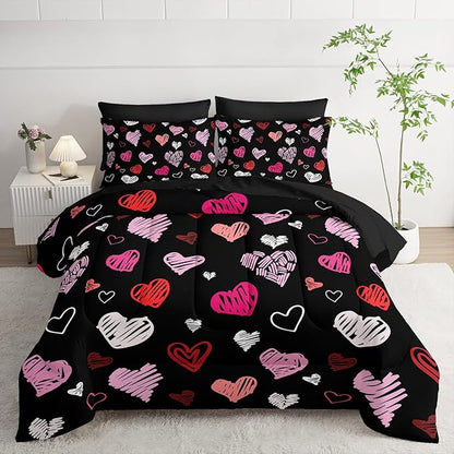 Love Black Comforter Set King Size 7Pcs，Love Valentines Day Romantic Soft Bedding Set Pink Watercolor Kawaii Cartoon Love Heart Geometric, Bed Sheet Set Cartoon Love Decor