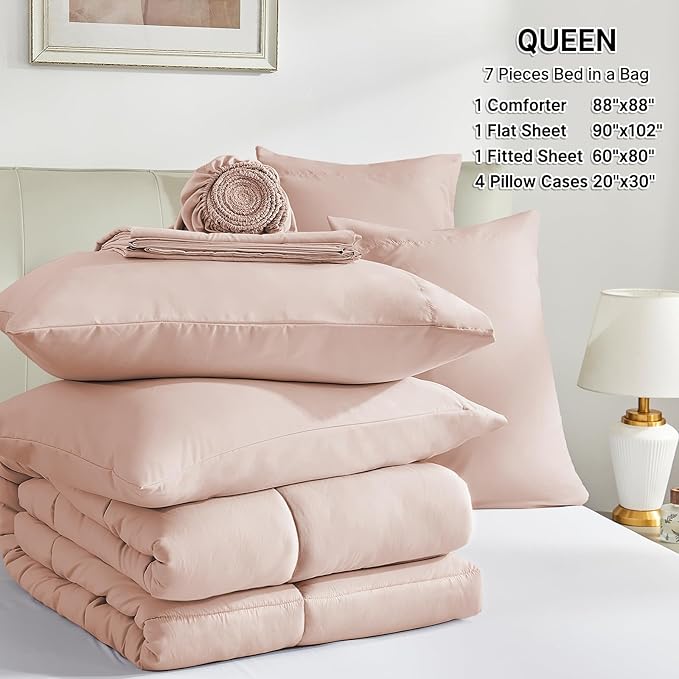 Sunstyle Home Pink Full/Queen Comforter Set - 7 Pieces Bed in a Bag, Lightweight Goose down Alternative Bedding Sets with All Season Box Stitched Comforter, 1 Flat Sheet, 1 Fitted Sheet, 4 Pillowcases