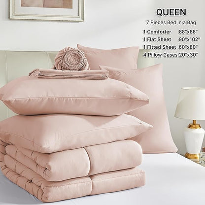 Sunstyle Home Pink Full/Queen Comforter Set - 7 Pieces Bed in a Bag, Lightweight Goose down Alternative Bedding Sets with All Season Box Stitched Comforter, 1 Flat Sheet, 1 Fitted Sheet, 4 Pillowcases