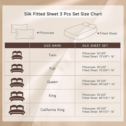 THXSILK 6A+ Top Grade 100% Pure Mulberry Silk Queen Fitted Sheet 3Pcs Set Bed Sheets Luxury Bedding for Hair and Skin Health Oeko-TEX Certified Safety, 1 Fitted Sheet with 2 Pillowcases, Champagne