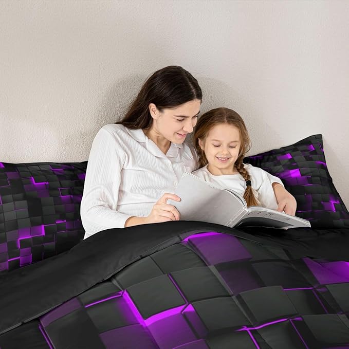 Erosebridal Black Purple Comforter Set Full Neon Geometric Checkered Bedding Set for Girls Teen Women,Tereoscopic Grids Comforter Square Plaid Quilt Duvet Room Decor 3 Pcs