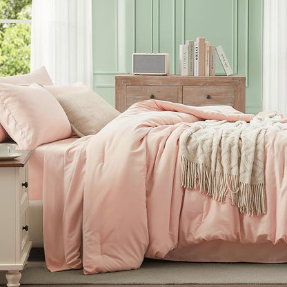 Anluoer Pink California King Comforter Set 7 Pieces, Bed in a Bag with Sheets, All Season Bedding Sets with 1 Comforter, 2 Pillow Shams, 2 Pillowcases, 1 Flat Sheet, 1 Fitted Sheet