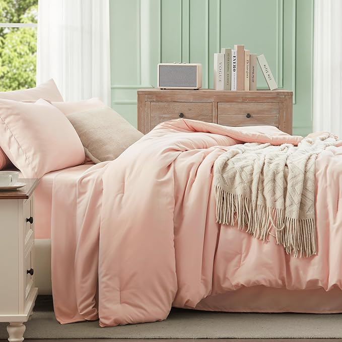 Anluoer Pink Full Comforter Set 7 Pieces, Bed in a Bag with Sheets, All Season Bedding Sets with 1 Comforter, 2 Pillow Shams, 2 Pillowcases, 1 Flat Sheet, 1 Fitted Sheet
