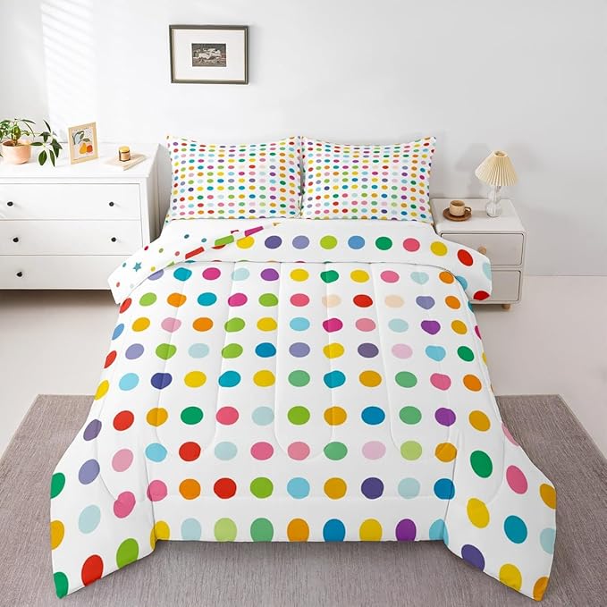 Manfei Polka Dots Comforter Set King Size 3 Pcs,Colorful Dots French Style Print Bedding Set,Kawaii Circles Geometric Simple Chic Quilt Set for Adults Bedroom,2 Pillowcases