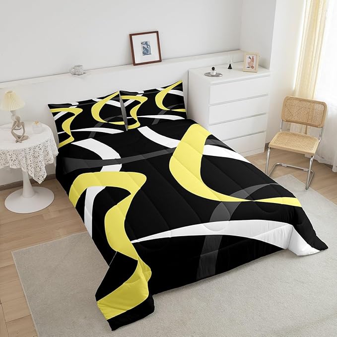 Erosebridal Gray Black Gold Bedding Comforter Sets Grey White Striped Abstract Bedding Set Toddler for Kids Adults Geometric Stripes Down Comforter Modern Fashion Quilt Duvet 2 Pcs