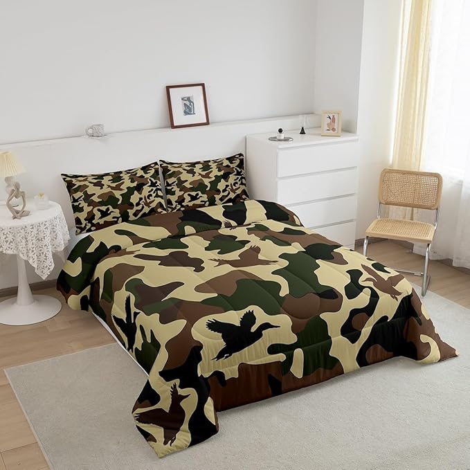 Erosebridal Farmhouse Comforter Set King Size Camo Bedding for Kids Army Camouflage Hunting Bedding Comforter Sets Vintage Brown Green Room Decor Wild Animal Duck Rustic Duvet Insert