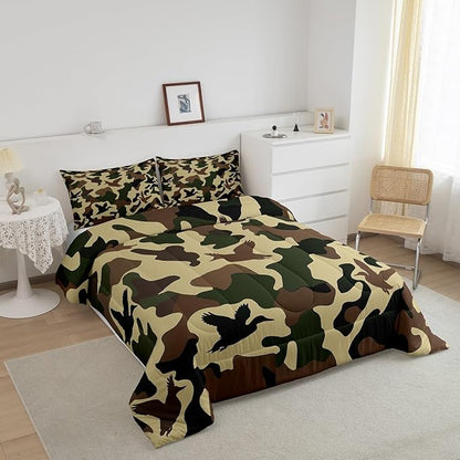 Erosebridal Farmhouse Comforter Set King Size Camo Bedding for Kids Army Camouflage Hunting Bedding Comforter Sets Vintage Brown Green Room Decor Wild Animal Duck Rustic Duvet Insert