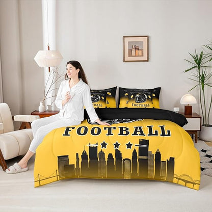 Erosebridal American Soccer Twin Bed in A Bag for Kids Boys Teen Adults,Sports Rugby 7 Pcs Bedding Set Football City Comforter Set with Sheets Ball Competitive Games Black Yellow Bed Set