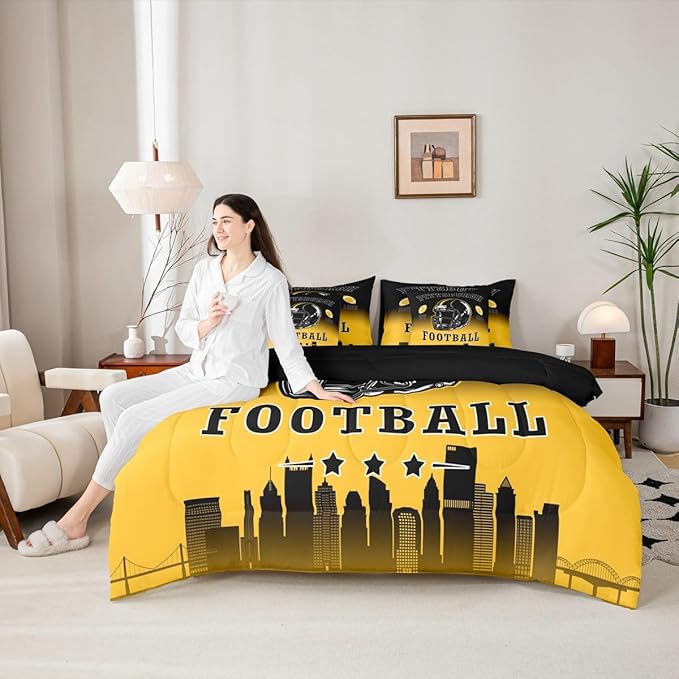 Erosebridal American Soccer Full Bed in A Bag for Kids Boys Teen Adults,Sports Rugby 7 Pcs Bedding Set Football City Comforter Set with Sheets Ball Competitive Games Black Yellow Bed Set