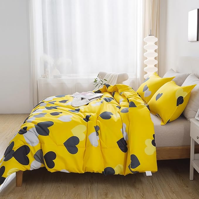 Caressma Farmhouse Yellow Queen Size Comforter Set 3 Pieces Bedding Set with Black Heart All Season Fluffy Soft Lightweight(1 Comforter & 2 Pillowshams)