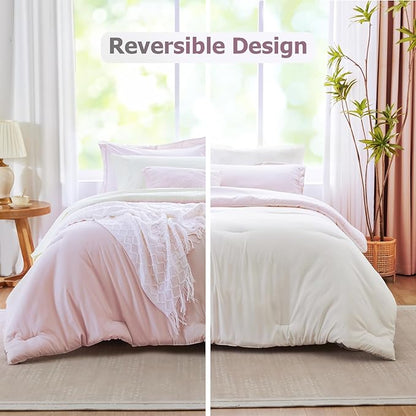 Pink Comforter Set Queen, Pink and White Bedding Set Reversible, 7 Pieces Soft Bed in a Bag Queen with Comforter, Sheets, Pillowcases & Shams, All Seasons Boho Queen Bed Set
