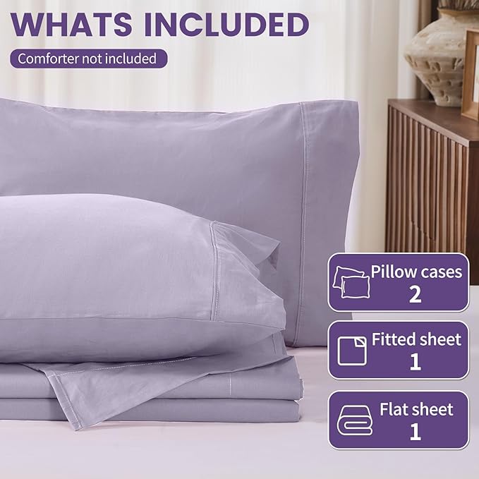 100% Linen Sheets California King Size,Breathable & Durable 4-Piece Bed Flax Sheet Set,Soft All-Season Bedding for Hot Sleepers 16" Deep Pocket Oeko-TEX Certified,（Cal King, Light Purple）