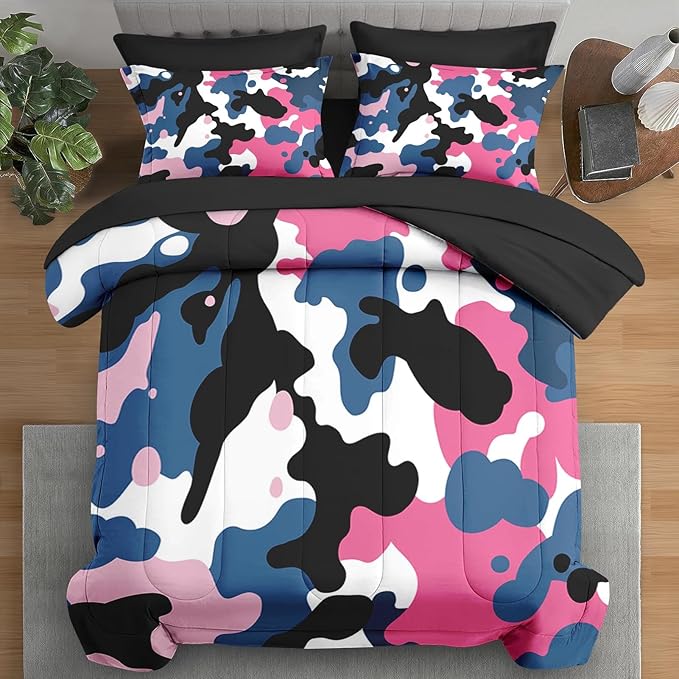 Comforter Set Queen Size, Camo Army 7 Pcs Bedding for Kids and Adults, Pink Blue Black Camouflage Bed Sheet Sets with Fitted Sheet 2 Pillowcases & 2 Shams for Bedroom Bed Decor