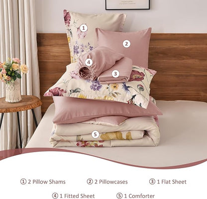 DJY 7 Pieces King Floral Comforter Set, Cream & Blush Botanical Bed in a Bag, Soft Microfiber Comforter and Sheet Set with Flower Leaves Pattern, Floral Bedding Set for All Season(104''x90'')