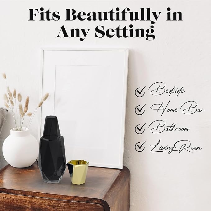 American Atelier 37 oz Modern Geometric Bedside Carafe & Cup Set – 9" Glass Carafe with Lid & Matching Cup, Angular Nightstand Drinkware for Water & Juice, Stylish Contemporary Design (Black/Gold)