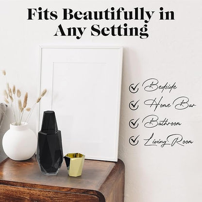 American Atelier 37 oz Modern Geometric Bedside Carafe & Cup Set – 9" Glass Carafe with Lid & Matching Cup, Angular Nightstand Drinkware for Water & Juice, Stylish Contemporary Design (Black/Gold)