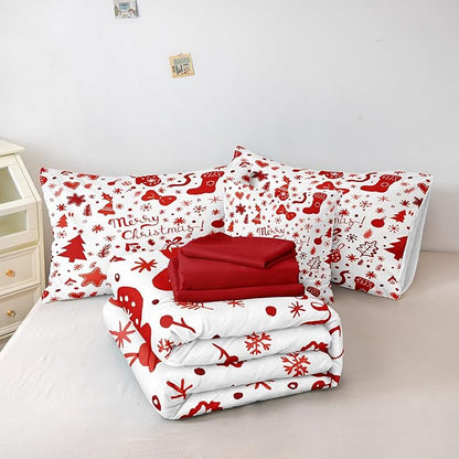 Merry Christmas Comforter Queen White Red Bedding Set Cute Christmas Tree Gift Xmas Stocking Pattern Snowflake Winter Theme Boys Girls Holiday Bed in A Bag