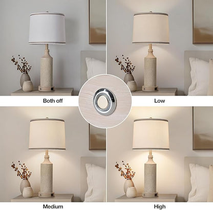 AIDENOEY 27.5" H 3-Way Dimmable Touch Control Table Lamp with USB A+C Ports, Vintage Washed White Finish Resin Bedside Farmhouse Table Lamp Set of 2，for Living Room，Bedroom，Office