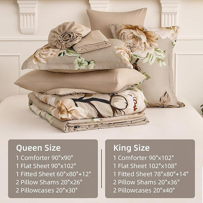 Drucon Floral Comforter Set Queen Size 7 Pieces Bed in a Bag, Khaki Floral Bedding Set, Soft Microfiber Comforter and Sheet Set for All Season (Queen, 90"x90")