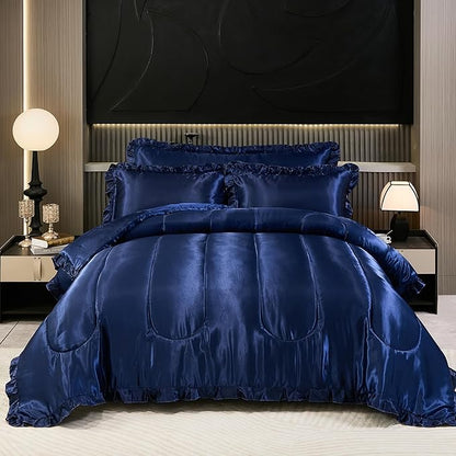 Satin Queen Comforter Silk Like Bedding 4 Pcs Hotel Soft Polyester Navy Blue Bed Set Luxury Silky Body Pillow Cover Ruffle Home Decor