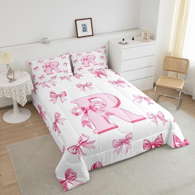 Erosebridal Initial Letter R Comforter Set Twin Size for Women Teen Girls Pink Alphabet Kids Bedding Set Romantic Dreamy Bowknot Bedding Comforter Sets Cute Kawaii Bow Princess Bed Set