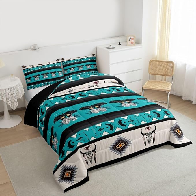 Erosebridal Exotic Moth Queen Comforter Set Bull Skull Quilt for Kids Child Boys Girls,Western Boho Bedding Set Geometric Aztec Decor Western Duvet Insert,Tribe Arrow Bohemian Room Decor Teal Blue