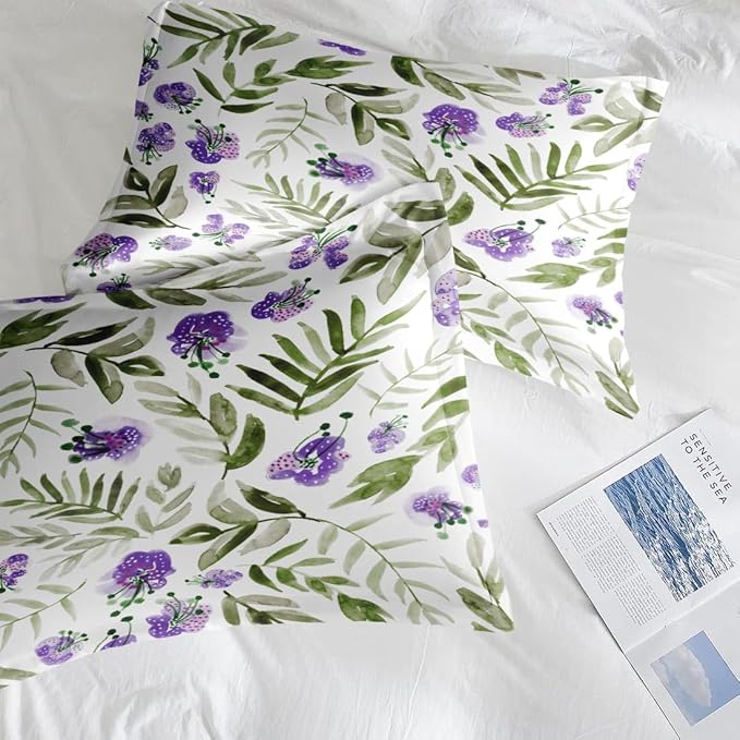 Comforter Set Queen Size, Floral Purple Sage Green 7 Pcs Bedding for Kids and Adults, Botanical Leaf Flower Bed Sheet Sets with Fitted Sheet 2 Pillowcases & 2 Shams for Bedroom Bed Decor