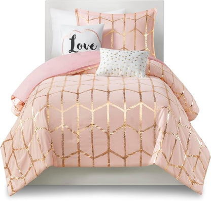 Intelligent Design Raina Twin/ Twin XL Comforter Set, Chic Geometric Metallic Bed Set for girls, 4 Pieces Dorm College Bedding with 1 Shams, 2 Toss Pillows, Blush/Gold