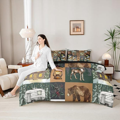 Erosebridal Hunting Bear 7 Piece Comforter Set Queen Rustic Farmhouse Bedding Sets for Kids Teens Cabin Decor Vintage Barn Woodland Animals Moose Sheet Set Retro Buffalo Plaid Camper Quilt Brown