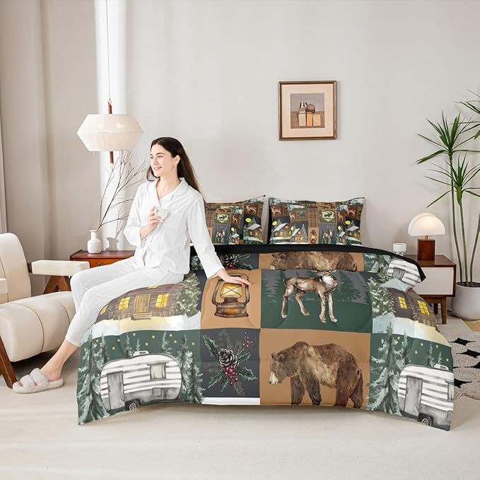 Erosebridal Hunting Bear 7 Piece Comforter Set King Rustic Farmhouse Bedding Sets for Kids Teens Cabin Decor Vintage Barn Woodland Animals Moose Sheet Set Retro Buffalo Plaid Camper Quilt Brown