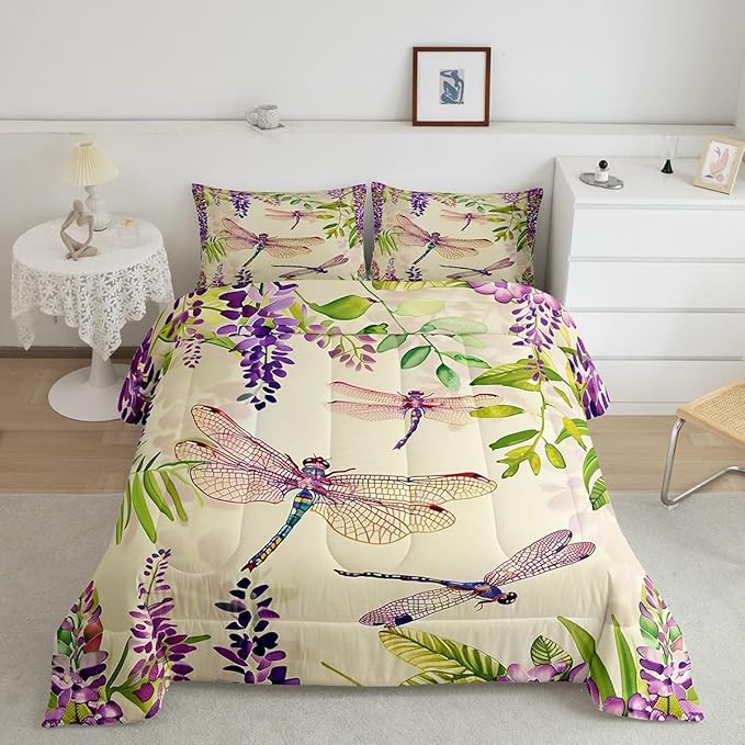 Erosebridal Spring Flowers Down Comforter Wisteria Dragonfly Bedding Set Twin Rustic Farmhouse Purple Floral Dragonflies Comforter Set for Women Girls Green Watercolor Botanical Leaf Quilt Duvet