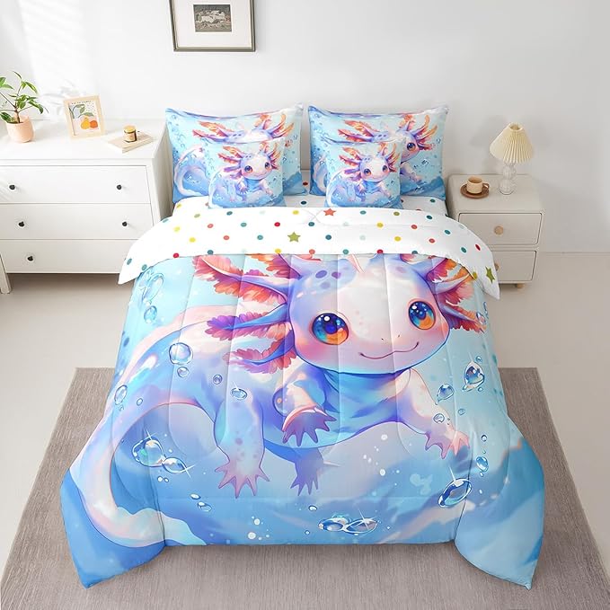 Feelyou Twin Size Cute Axolotl Bed in a Bag Boys Girls Blue Cartoon Salamander Comforter Set with Sheets for Kids Ultra Soft Kawaii Ocean Sealife 7 Piece Bedding Set Reptile Animal Room Decor