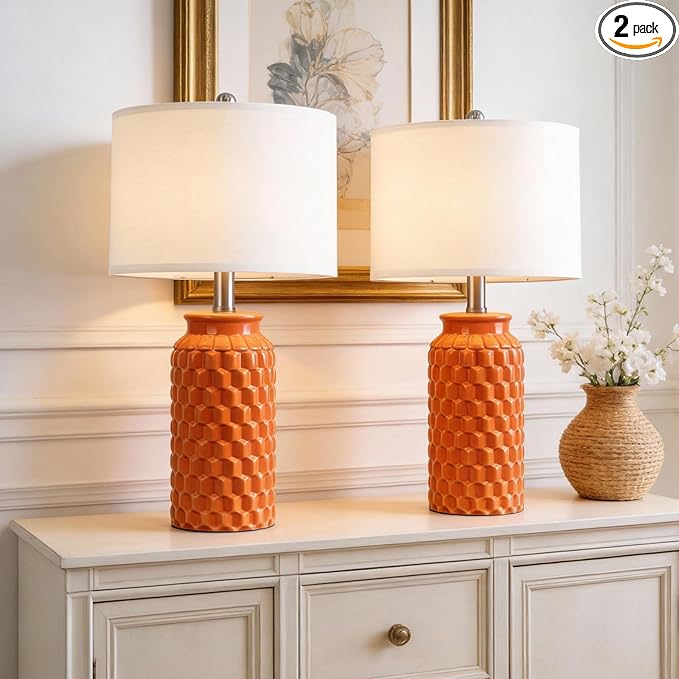 20.5" Ceramic Table Lamps Set of 2, Modern Farmhouse Boho Bedside Lamps for Bedroom, Nightstand Lamps for Living Room End Tables, Small Desk Lamps, Orange