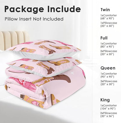 Comforter Set Queen Size, Retro Cowgirl Western Soft 3 Pcs Bedding for Kids and Adults, Vintage Cowboy Aesthetic Comforter Set with 2 Pillowcases, for Bedroom Bed Decor