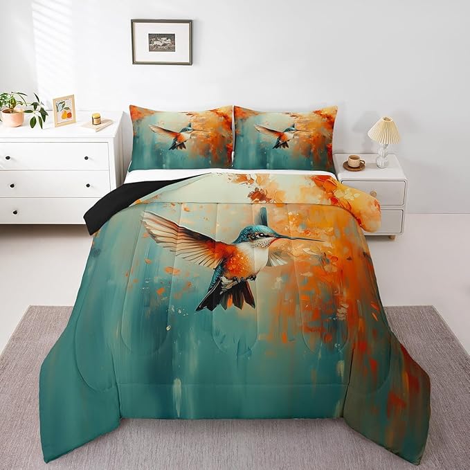 Feelyou Hummingbird Comforter Set Twin Size Tropical Birds Comforter Hummingbird Flowers Bedding Set Blossoming Iris Flowers Duvet Set Room Decor Teal Quilt Set