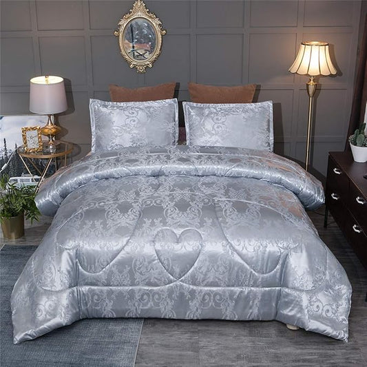 Grey Queen Size Comforter Sets All Season Silver Bedding Lightweight Comforter for Queen Bed Silk Quilt Microfiber Comforter Set Blanket Matching 2 Pillow Shams (Full/Queen, 88x88 inches)