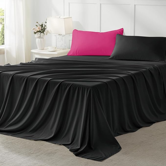 Anluoer Twin Comforter Set,Hot Pink&Black Bed in a Bag 5 Piece,Lightweight Bedding Set with Soft Down Alternative Fill,Bed Set Includes Comforter, Fitted Sheet, Flat Sheet,Pillowcase and Sham