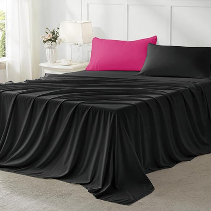 Anluoer Twin Comforter Set,Hot Pink&Black Bed in a Bag 5 Piece,Lightweight Bedding Set with Soft Down Alternative Fill,Bed Set Includes Comforter, Fitted Sheet, Flat Sheet,Pillowcase and Sham