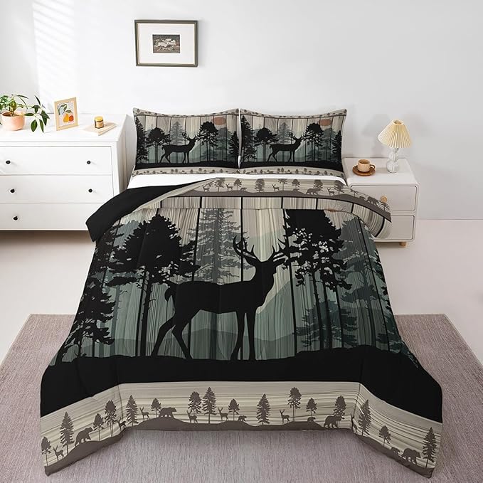 Feelyou Canbin Deer Comforter Set for Girls Boys Kids Deer Hunting Bedding Set Room Decor Rustic Farmhouse Bedding Set Wild Animal Brown Duvet Set King Size 3Pcs Quilt Set
