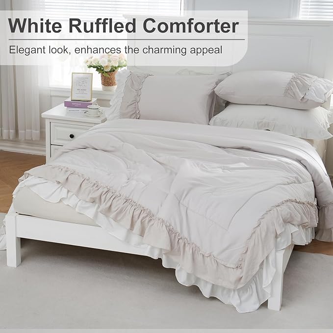 Boho Comforter Queen Shabby Chic Bedding Comforter Set 2 Layers Bohemian Ruffles Home Decor Farmhouse Comforter Cream Bed Comforters