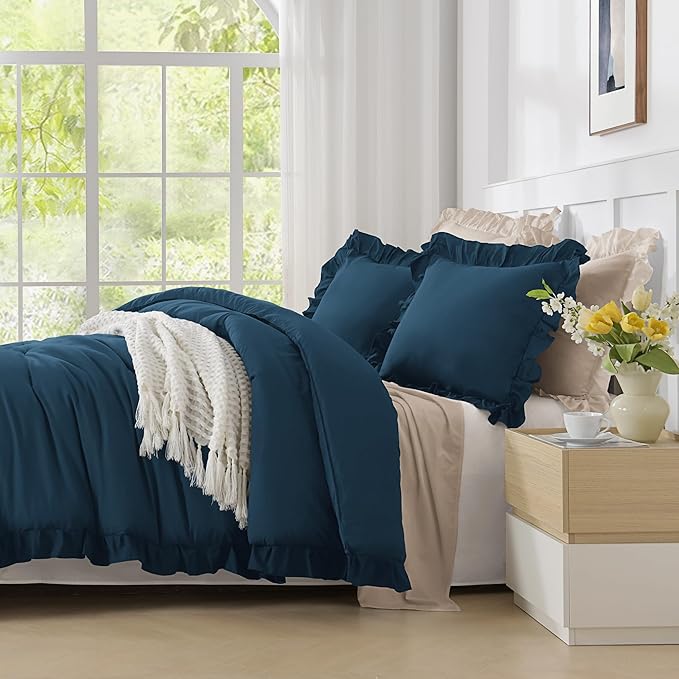 Andency California King Comforter Set Navy Blue, 3 Pieces Cal King Solid Ruffle Shabby Chic Bedding Comforter, Oversized Lightweight Soft Microfiber Bed Comforter