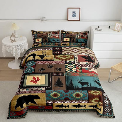 Feelyou Rustic Cabin Bedding Comforter Sets Twin Size, Lodge Bear Bedding Sets, Southwestern Quilt Duvet Moose Deer Country Farmhouse Animal Wildlife Hunting Brown Patchwork Plaid Quilt, 1 Pillowcase