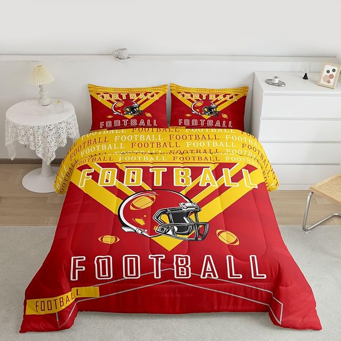 Feelyou Football Bedding Set Boys Girls Full Size Comforter Set Sports Theme Women Men Football City Comforter Rugby Sports Duvet Quilt Red Yellow Room Decor